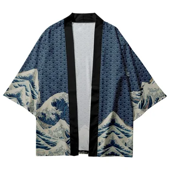 Debesys Vandenyno Bangų Spausdinti Marškinėliai, Drabužių, Tradicinių Haori Cosplay Kimono Moterys Vyrai Japonijos Azijos Streetwear Cardigan Yukata