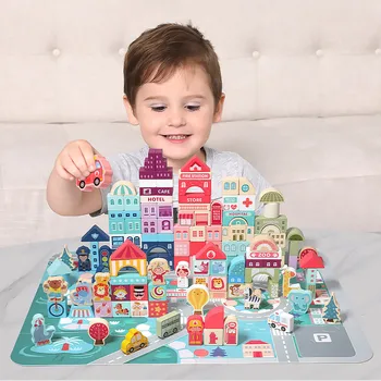 [Juokingi] 100vnt/daug Medinių didelių dalelių kūrimo bloką žaislas Miesto eismo streetscape Blokai švietimo Žaislai, kūdikių birhday dovana