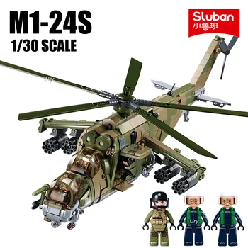 2023 Sluban Karinės WW2 Kariuomenės Kovinių Sraigtasparnių Oro Ginklas M1-24S KA-52S Modelis Karių Blokai Žaislai Berniukams, Dovanos