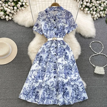 Vasaros Premium Retro Stiliaus Suknelė Polo Kaklo trumpomis Rankovėmis Slim Fit Vieno krūtinėmis Rašalo Spausdinimo-line Vestidos