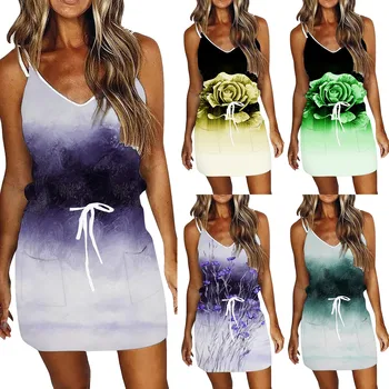 Elegantiškas Šalis Suknelės Moterims 2023 Vasaros Atsitiktinis Spausdinimo Raišteliu V-kaklo trumpomis Rankovėmis Mini Suknelė Prabanga Vestido Feminino
