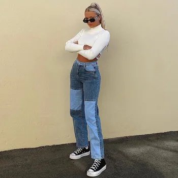 Vasarą naujų tiesios kojos džinsai moterims'sEurope ir Jungtinės amerikos valstijos, hip-hop, street spalvų sandūros plonas atsitiktinis džinsai ir kelnės