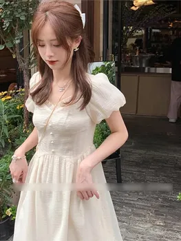 Vasaros Rožinė Elegantiška Vintage Suknelė Moterims Kieto Vienas Gabalas Midi Suknelė Moterų Atsitiktinis Korėjos Mados Šifono Suknelė Dizaineris 2022 Naujas