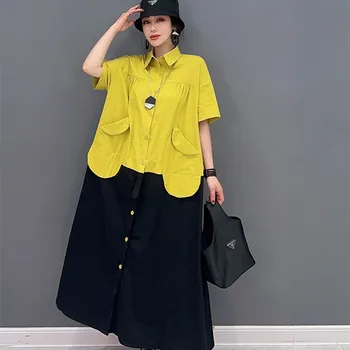 Korėjos Stiliaus Colorblocked Marškinėliai Suknelė Moterims Street Wear Pasukite Žemyn Apykaklės Suknelė Trumpomis Rankovėmis Prarasti Vasaros Suknelės