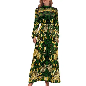Aukso Žalia Damask Suknelė Grandinės Gėlių Korėjos Mados Bohemijos Suknelės, Vyriški Ilgomis Rankovėmis Aukštu Kaklu Sexy Ilga Maxi Suknelė
