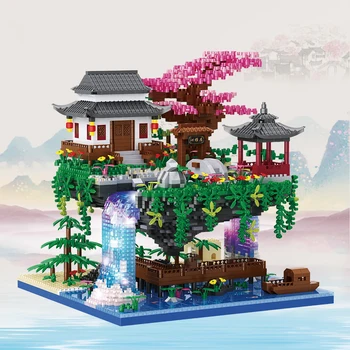 Kinų Architektūros Micro Blokai Persikų Namas Paviljonas, Krioklys, Upė, Diamond Plytų su Šviesos Žaislai Vaikams Dovanos