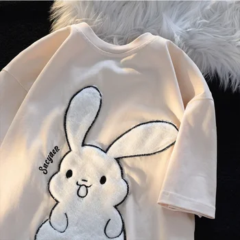Cute Bunny Triušiai Pliušinis Siuvinėjimo Trumpas Rankovės Marškinėliai Moterims 2023 Vasarą Naujas Universalus Kolegijos Stilius Laisvas Korėjos Mados Tees