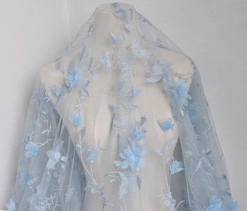 Kokybės marlės audinio 3d mėlyna akių gėlių Decal tissu Aukštos klasės drabužių vestuvių suknelė kratinys