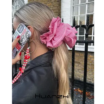 Prancūzijos Elegantiškas Kelių Sluoksnis Rožinė Žalia Grotelės Elastinga, Išpūsti Didelis Vasaros Hairband Plaukų Scrunchies Moterų galvos Apdangalai Naujas Ins