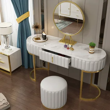 modernūs, prabangūs tualetinis staliukas Marmuro Viršuje plieno kojos konsolės stalelis su veidrodžiu ir išmatose, miegamojo baldai