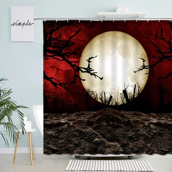Mėnulio Pilnaties Naktį Mano, Dušo Užuolaidos Paslaptinga Raudona Dangaus Medžių Šakos Modelis Vandeniui Vonios Užuolaidos Modernus Vonios Kambarys Dekoro Medžiaga