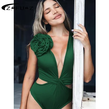 Kieta Žalia 2023 Moterų Sexy 3D Gėlių vientisi maudymosi kostiumėlį, maudymosi Kostiumėliai, Tuščiaviduriai Iš Paplūdimio Vasaros Monokini Naršyti Dėvėti Maudymosi Kostiumas