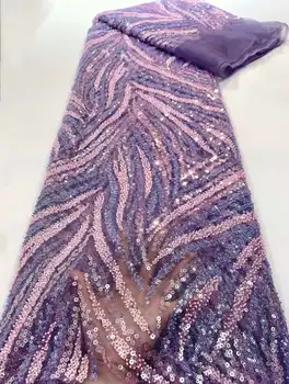 Violetinė Nigerijos Rankų Darbo Karoliukai Nėrinių Audinio 2023 Aukštos Kokybės Blizgučiai Zawalcowany Siuvinėjimo Afrikos Prancūzų Nėrinių Audinio Suknelė