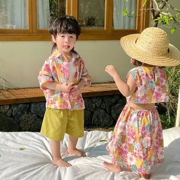 Korėjos Vaikų Drabužių 2023 Vasaros Berniukų Gėlių Marškiniai Šortai Dviejų dalių Kostiumas Gėlių Mergaičių Suknelės Vaikai Atostogų Drabužių Rinkiniai