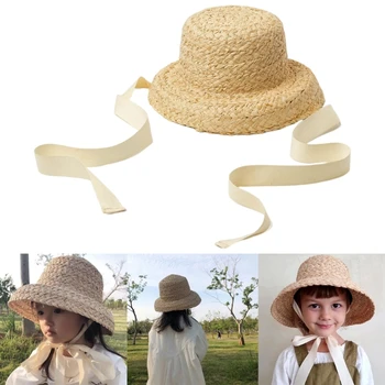 Šiaudų Skrybėlę Mergaitėms Apsaugos Flat Top Hat su Nėrinių-up Dirželis Kvėpuojantis Platus Kraštų Bžūp Bamblys Mergina Panamos Skrybėlė